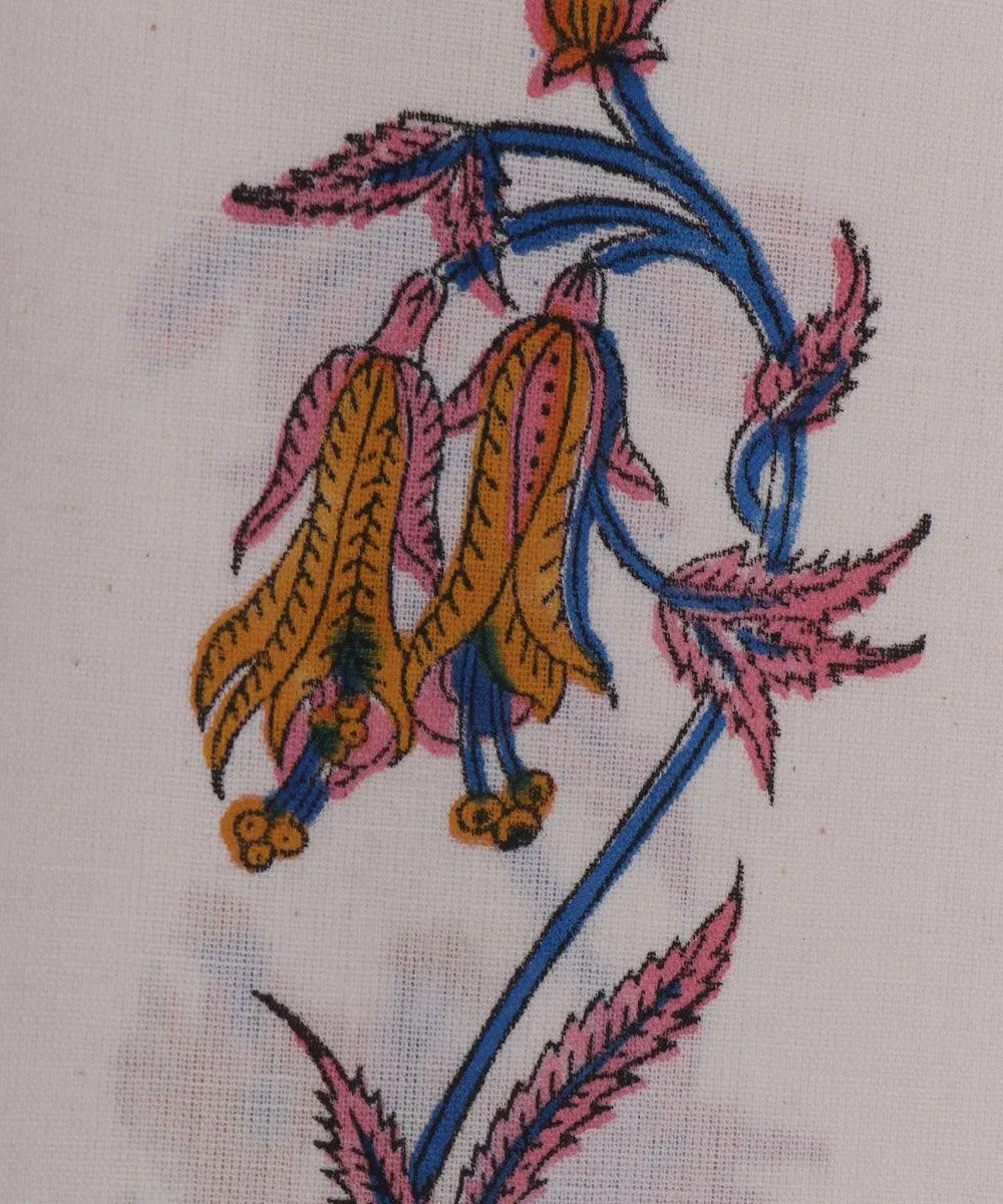 White Mustard and Blue Flower Print Cotton Slub Fabric