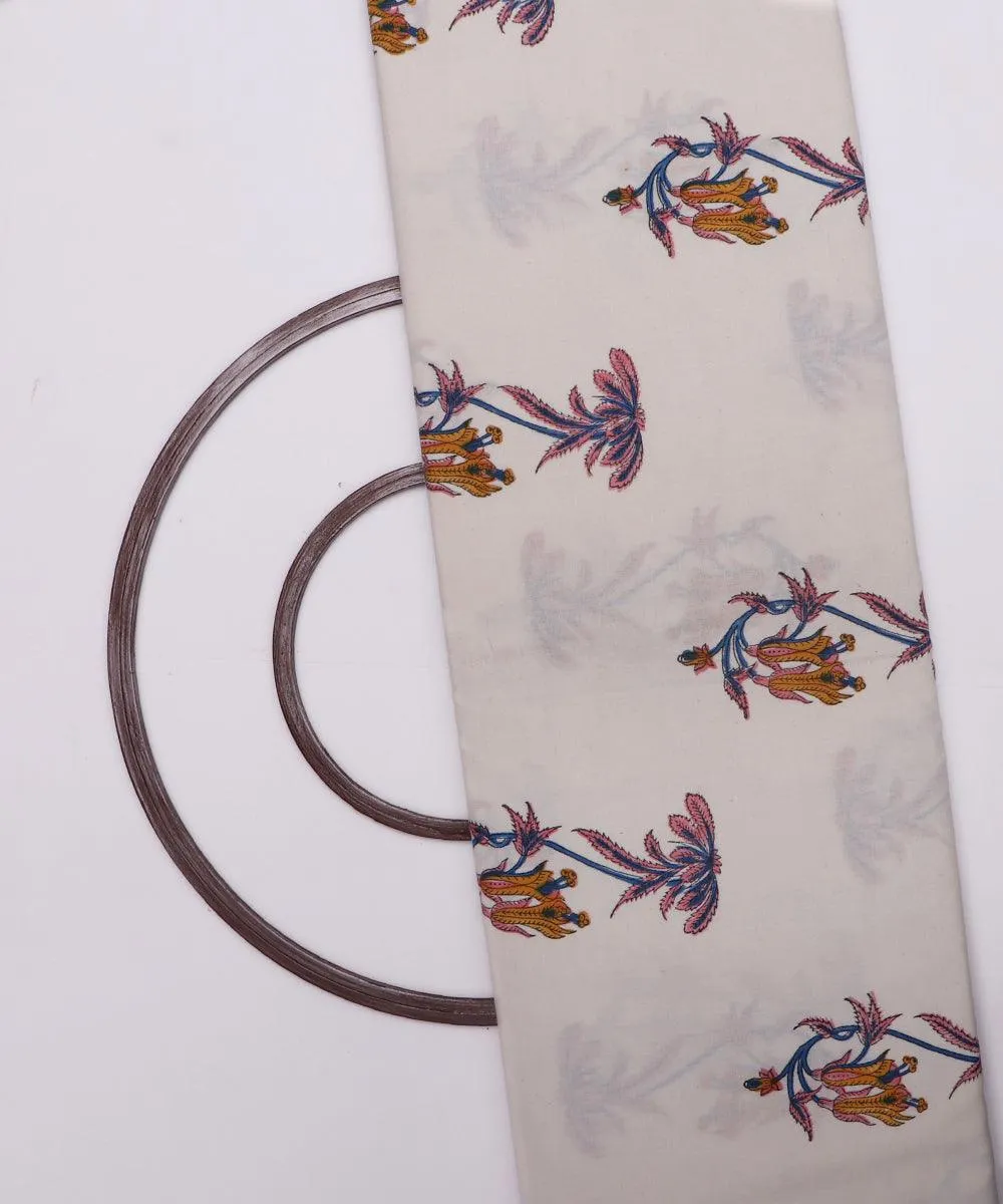 White Mustard and Blue Flower Print Cotton Slub Fabric