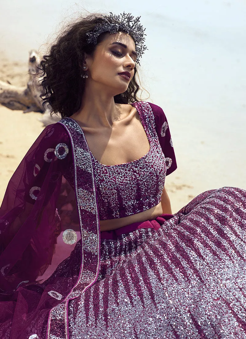 Wine Sequence Embroidered Lehenga Choli