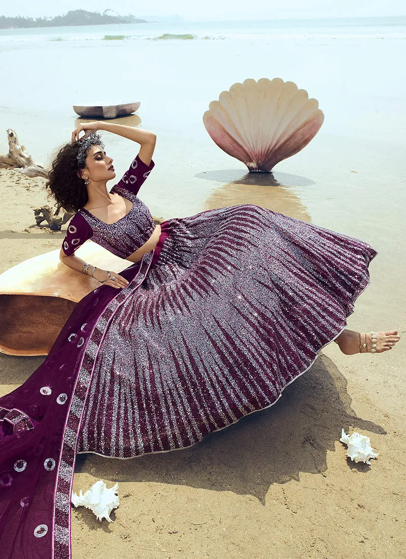 Wine Sequence Embroidered Lehenga Choli
