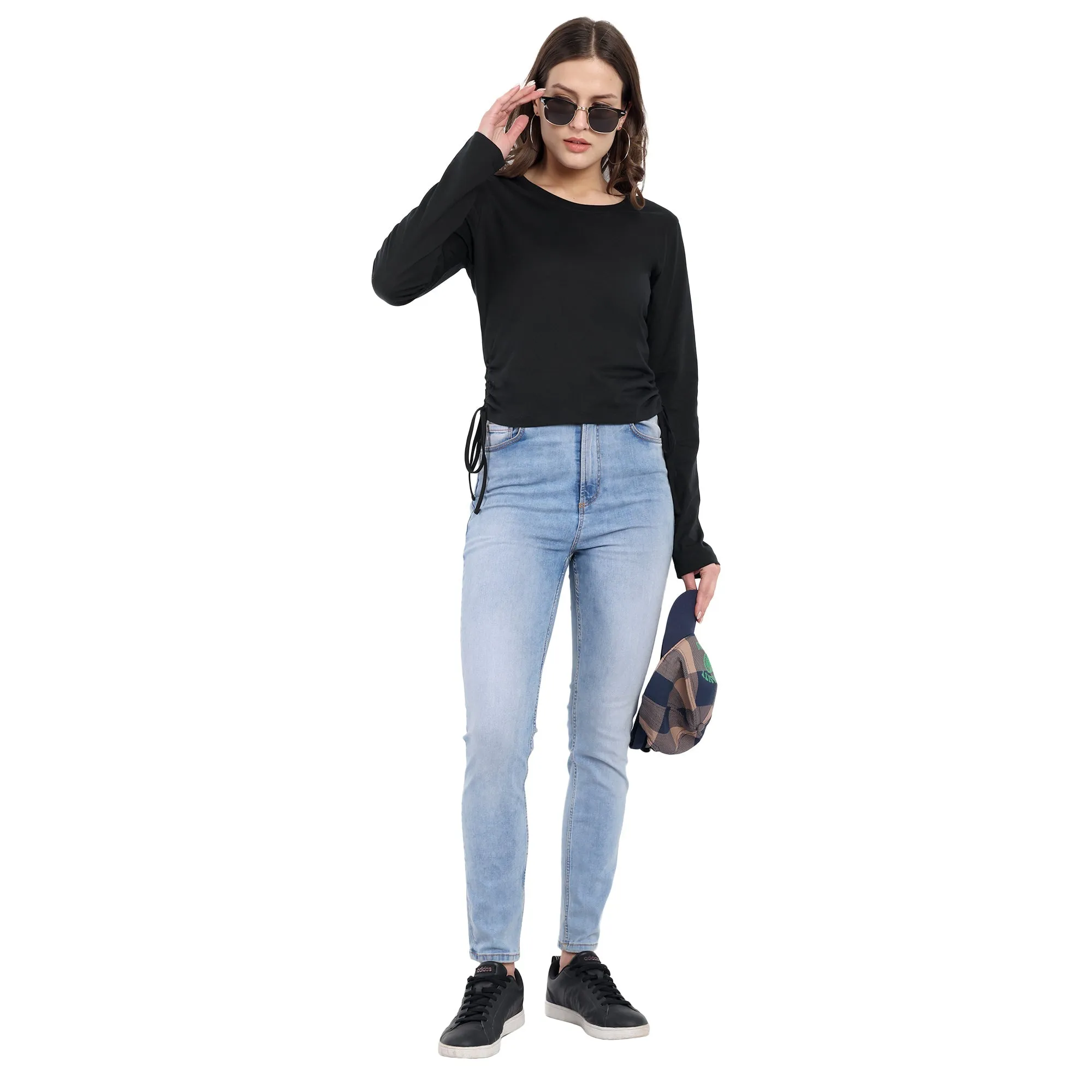 Women Black Pure Cotton Textured Neckline Top