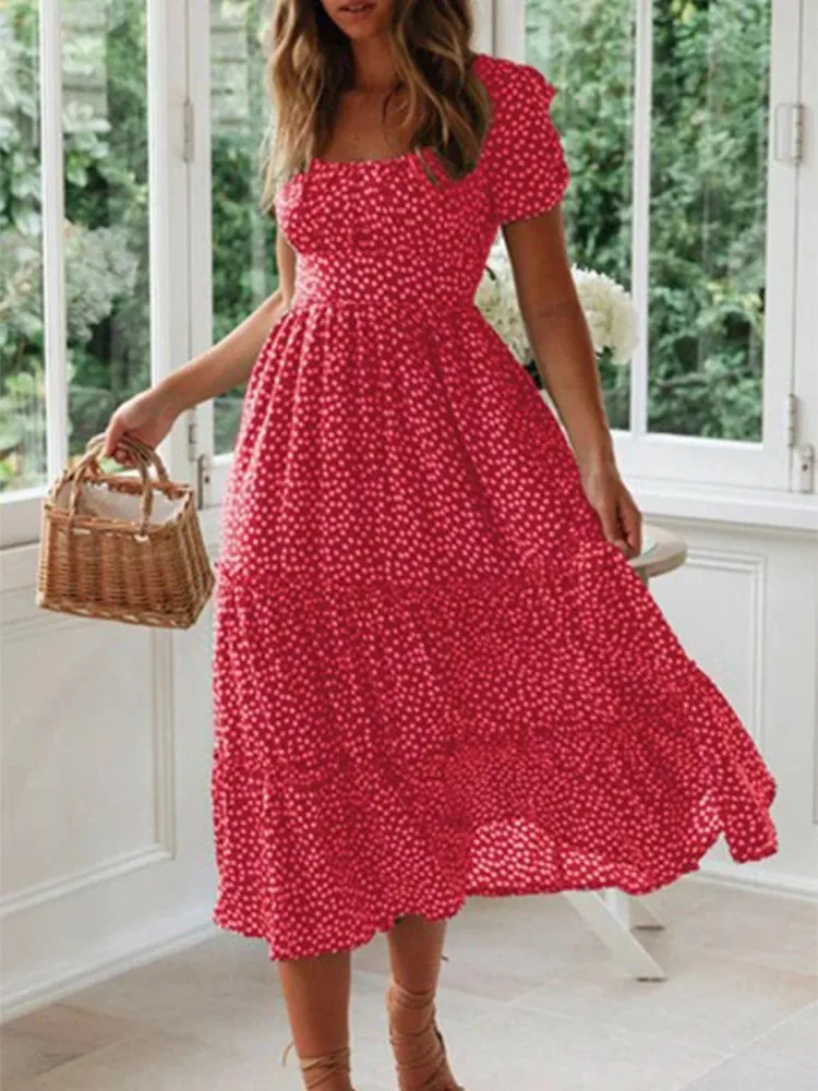 Womens Puff Sleeve Casual Square Neck Floral Maxi Dress