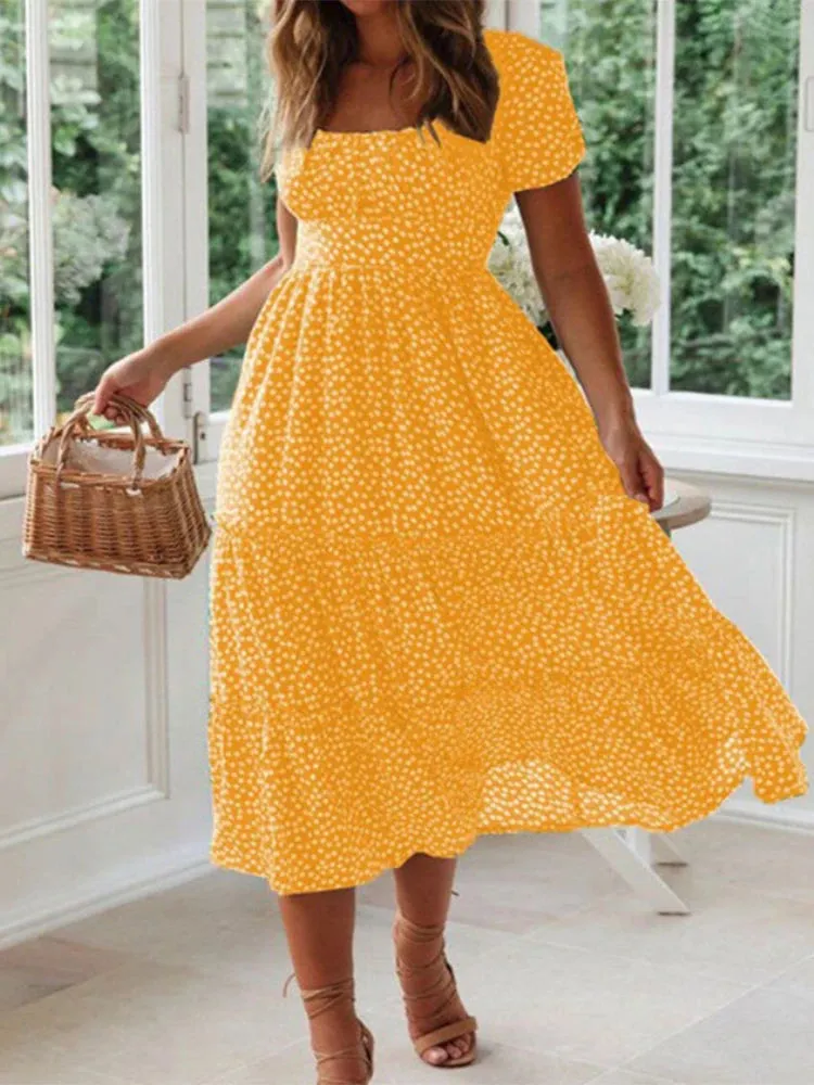 Womens Puff Sleeve Casual Square Neck Floral Maxi Dress
