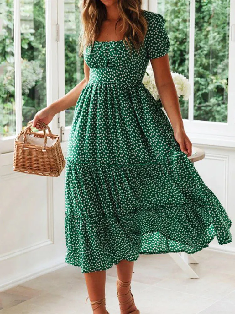 Womens Puff Sleeve Casual Square Neck Floral Maxi Dress