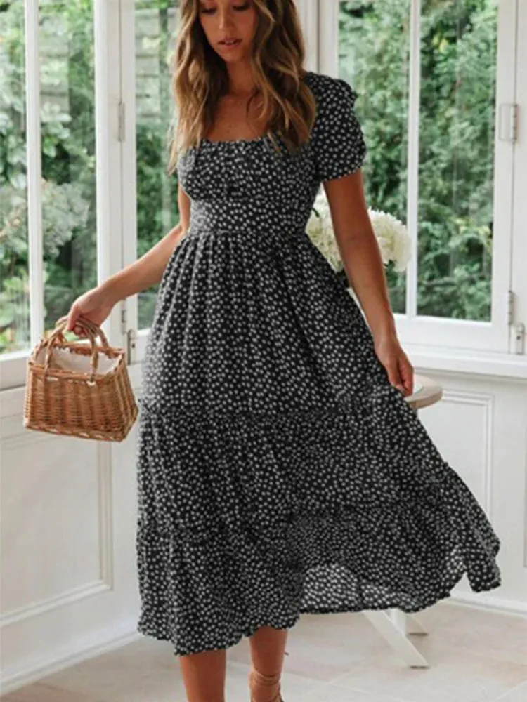 Womens Puff Sleeve Casual Square Neck Floral Maxi Dress